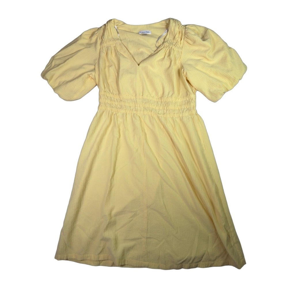 Calvin Klein Yellow‎ Textured Puff Sleeve Smocked Waist Midi Dress Size 8 Womens